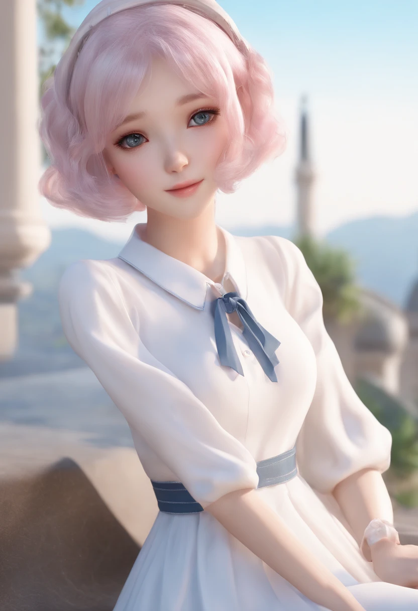 Close-up of a man in a white shirt and blue dress, inspired by Sim Sa-jeong, render of april, realistic dress, from 8 k matte, jia, with short hair, render of a cute 3d anime girl, casual white garment, pink short hair, wearing white clothes, white hime cut hairstyle