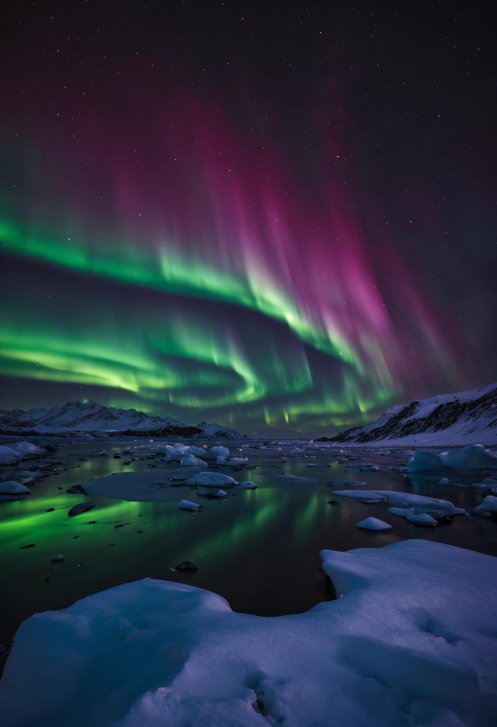 A mystical and otherworldly scene in Greenland, with the northern lights dancing in the sky above a frozen tundra, creating a stunning display of colors and shapes.