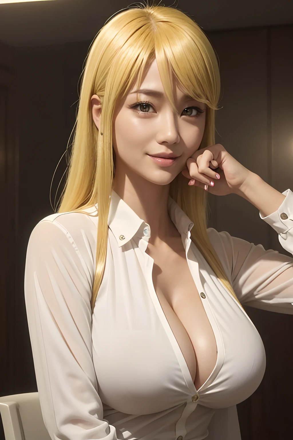 80's_jiaopian, 1girl, blonde hair, ((realistic)), ((photorealistic)),((high-res, masterpiece, best quality, cinema lighting)), masterpiece, best quality:1.2), upper body, solo, 1girl, smile, closed mouth, masterpiece, best quality, 4k, photograph, cinemtaic lighting, modelshoot, perfect lighting, perfect detailed face, professional photoshoot, seductive smile, wide hips, thick thighs, short female, huge breasts,shizuka marikawa, blonde hair, white button up shirt, cleavage, realistic,