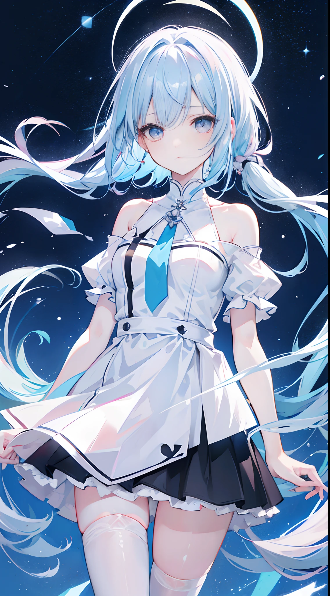 long baby blue hair,Pink eyes,Loving pupils,Medium build,girl,White off-the-shoulder short sleeves,,black short skirt,white stockings,Winters。Ice tree,Frozen,looking at the stars,Reach out and touch the sky,A sad expression,Meteors streak across