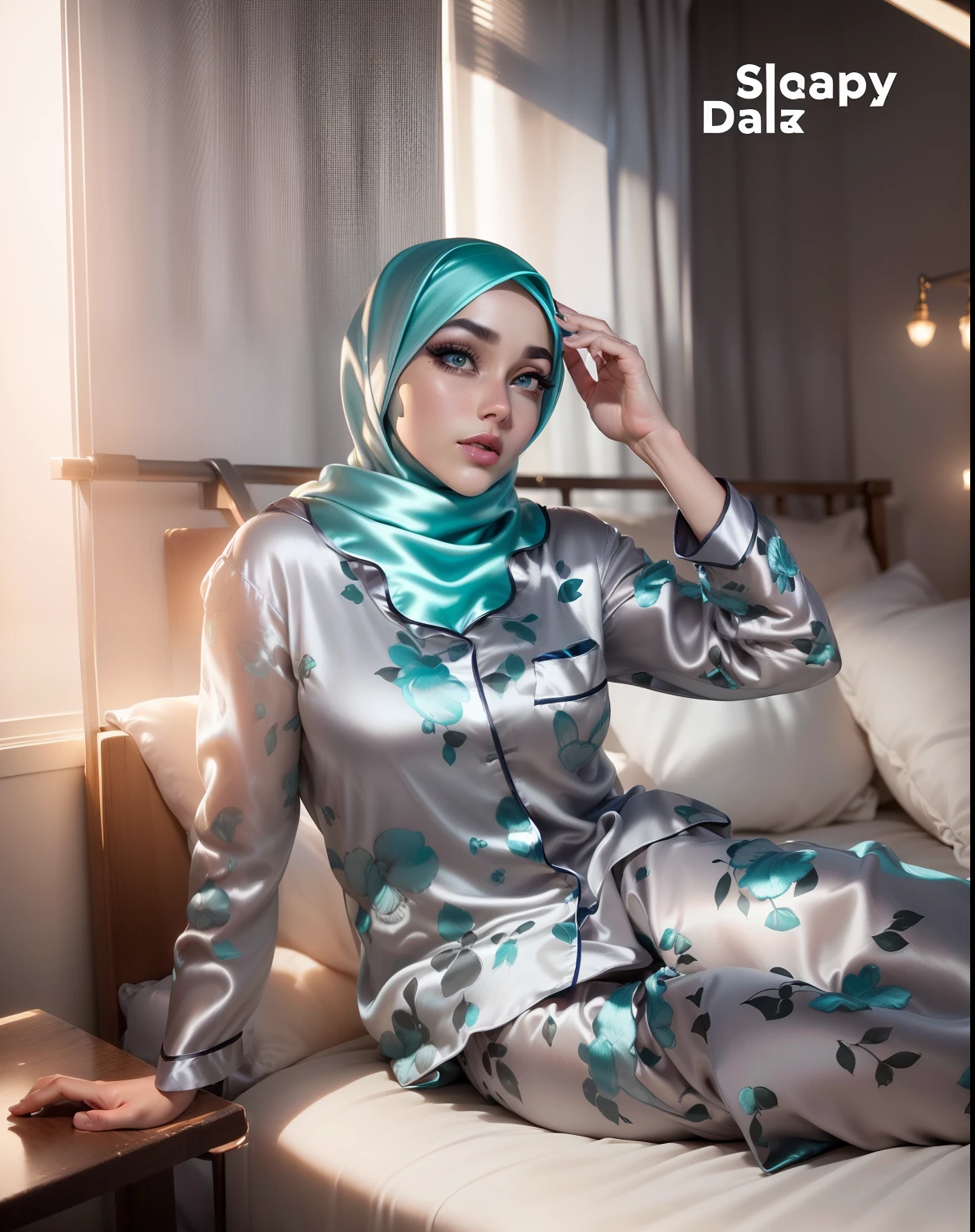 3DMM, ((Masterpiece, best quality, photography, detailed skin, realistic, photo-realistic, 8k, highly detailed, full length frame, High detail RAW color art, diffused soft lighting, shallow depth of field, sharp focus, hyperrealism, cinematic lighting, hijab, a woman in a beautifully makeup, smokey eyeshadow, beautiful big eyes, long eye lashes, wearing (aqua satin hijab), loosely tide hijab style, ((gray satin pyjamas)),