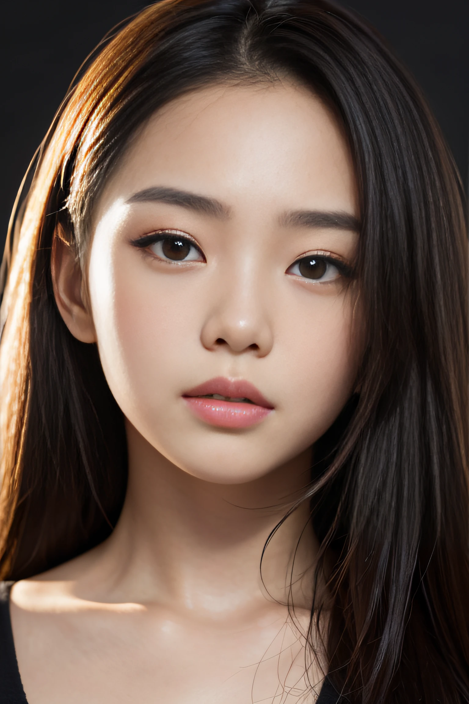 portrait Asian girl 18 years old, epic (photo, studio lighting, hard light, Sony A7, 50 mm, tanned skin, Pores, Colors, hyperdetailed, Hyperrealistic), (((((naked))))), medium hair long
