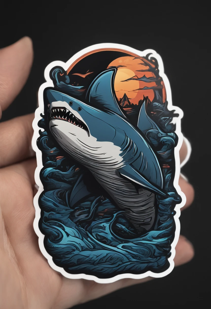 /imagine prompt: shark illustration for a sticker with a black background, in bold outline style, jagged edges, trashcore, light shading --v 5.2
