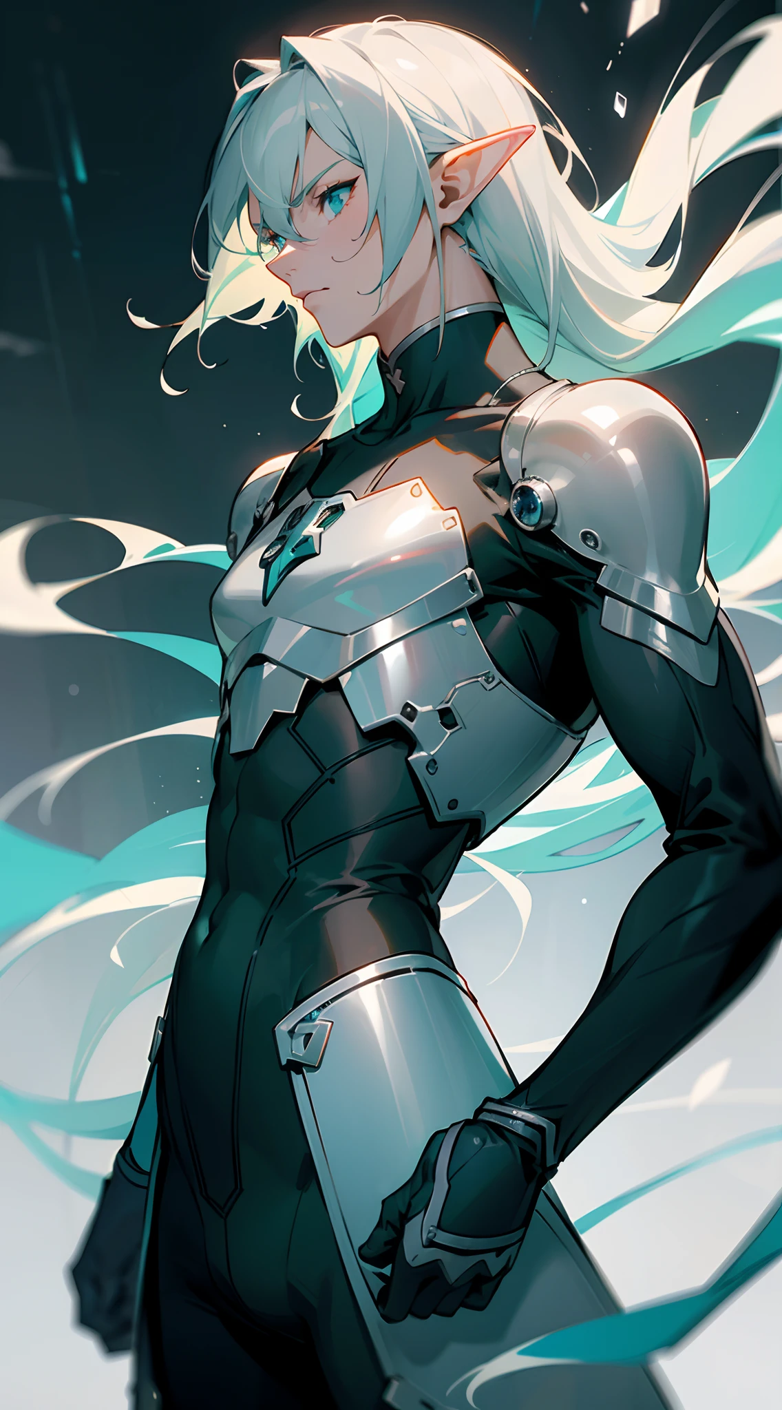 (masterpiece, best quality )detailed, 1Character , pastel washed out colors , cell shade , soft, muted shades ,gentle colors , blue archive art style,
Wearing a mix of sword art online and futuristic style clothes , Handsome man , hair is long, flowing, and silver-white in color. It cascades down his back in a silky and ethereal manner, His skin is pale and porcelain-like, eyes are a piercing, bright aqua or turquoise blue, often described as "Mako eyes." They radiate an intense and cold determination, with a hint of mystery, His facial features are sharp and perfectly chiseled, with high cheekbones and a strong jawline, tall and imposing figure. He is exceptionally well-built, with a lean yet muscular physique , shoulders are broad, ripped body , muscular, has elf ears , age 43