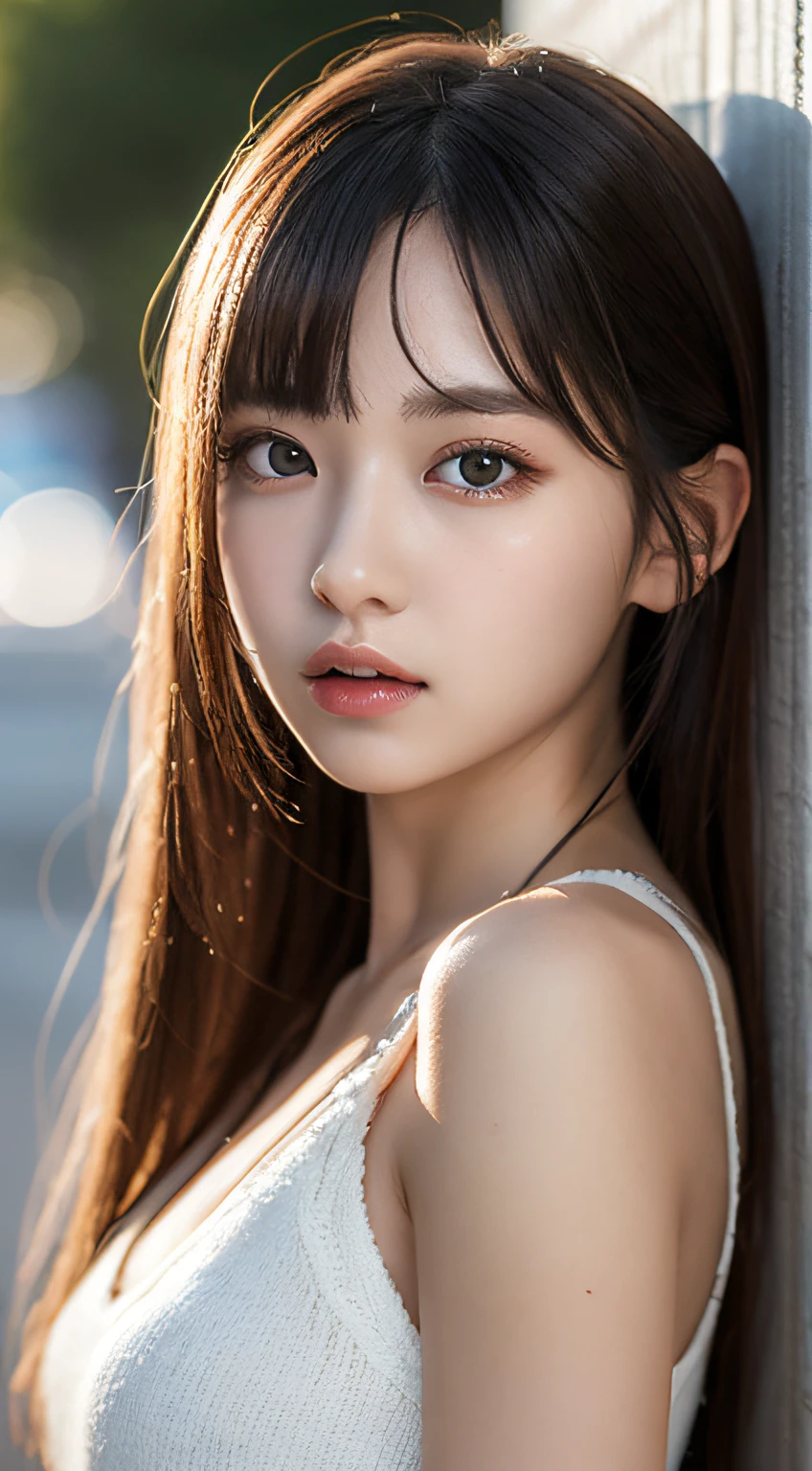 Highly detailed CG unity 8k wallpaper, of the highest quality, Super detailed, masutepiece, Realistic, photographrealistic, extremely detailed cute girl, 25 years old, Round eyes, peeping at the viewer, Blush, parted lip, Upper body , (Underarms) , uninhabited island ,Bust photo