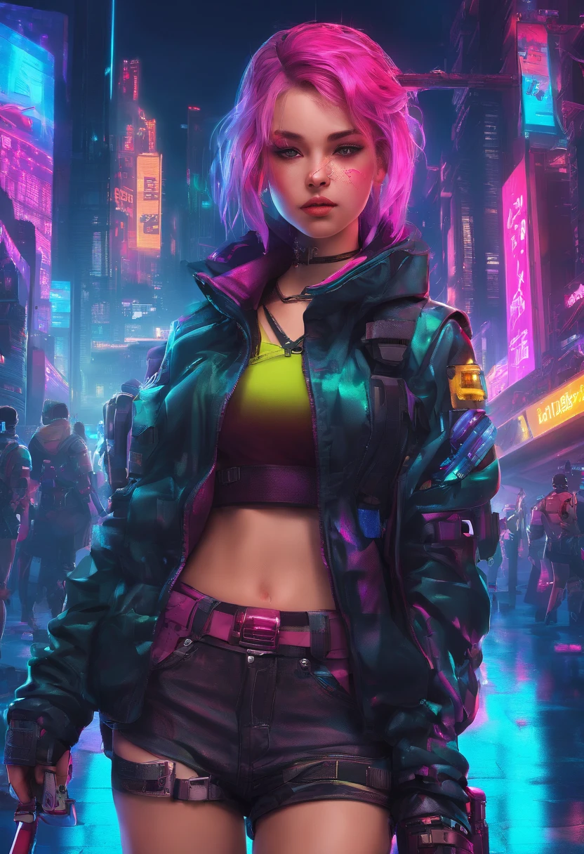 woman, Realistic character, Green hair,Pink hair, Blue eyes, anime big breast, Alone, modern, cyber punk perssonage