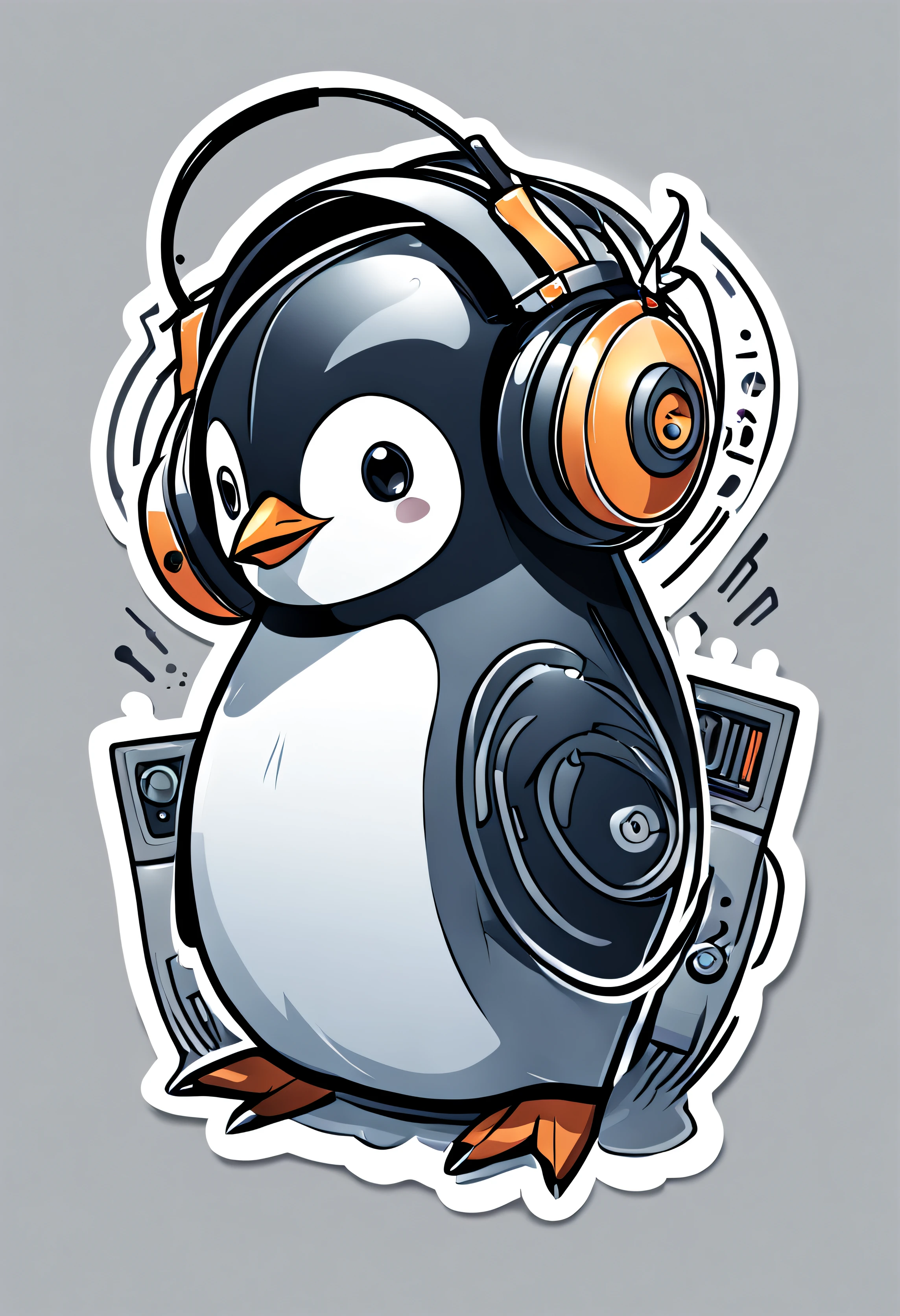 (((a sticker)))、((simple))、((monochromes))、Illustration Design、Vector image、penguin、cyberpunked、headphones
