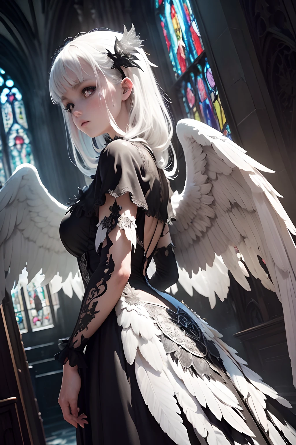 surreal ultra detailed illustration of a gothic fallen angel, stained glass window behind, cathedral environment, ((rotten white angel wings)), ((elaborately decorated worn black dress)), art by Mschiffer, best quality, (backlit), dark, eerie, nightmarish,
