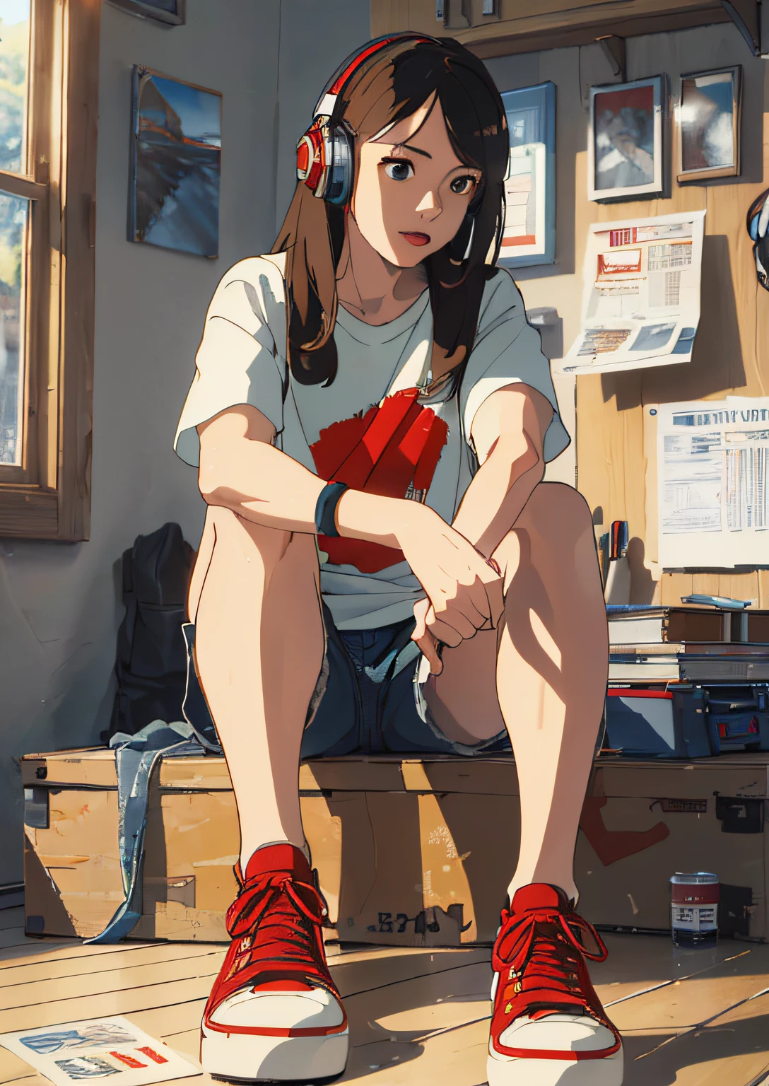 (best quality,4k,8k,highres,masterpiece:1.2),ultra-detailed,(realistic,photorealistic,photo-realistic:1.37), Denim Shorts, Lofi Red T-Shirt, Red Shoes, Beautiful age Girl with Straight Long Hair and Headphones, Character Sheet, Multiple Angles, Retro-Style, vibrant colors, soft lighting