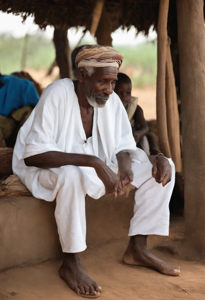 Wise old black man dressed in white, bel homme, tell a story in a poor village to her Umbanda children