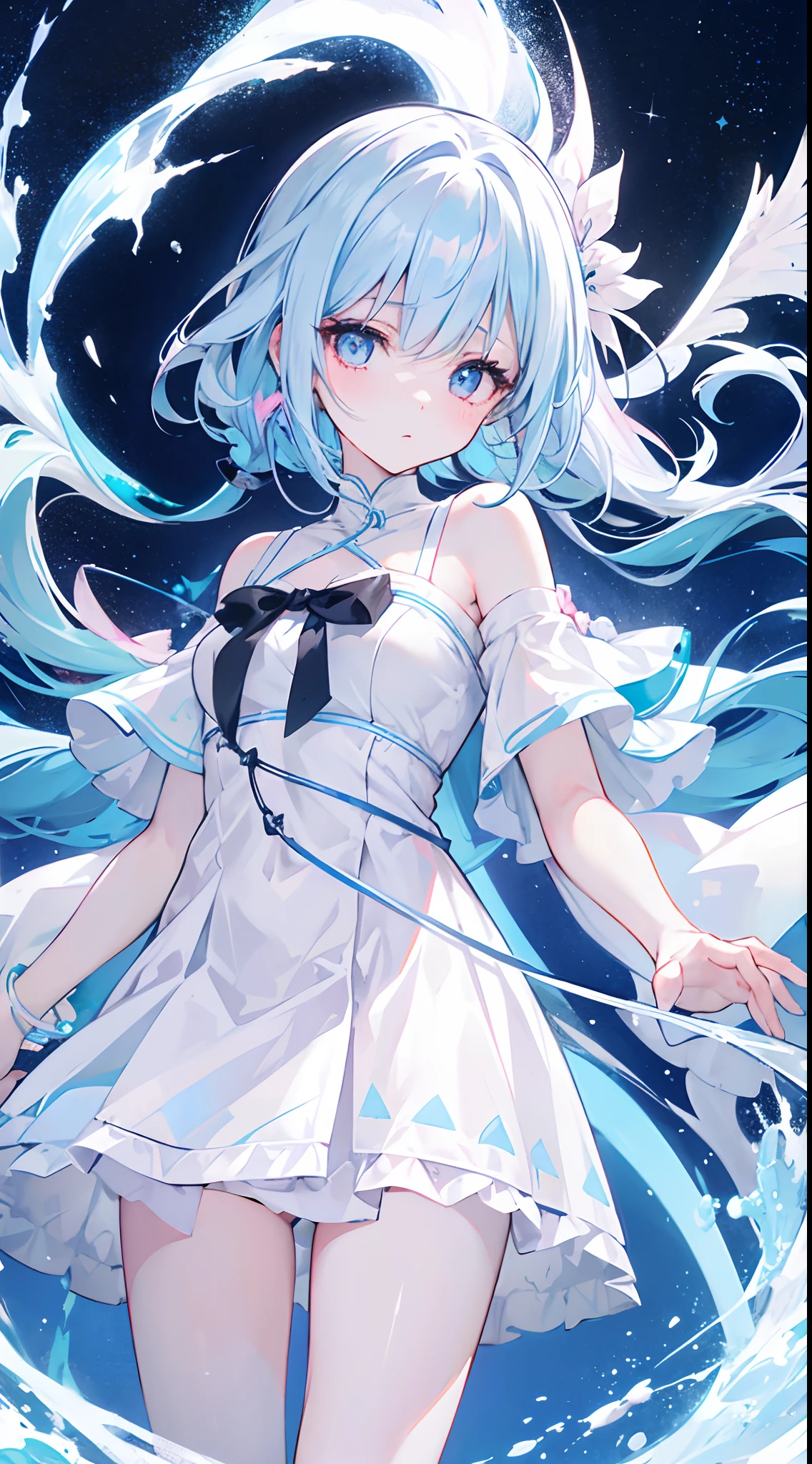 long baby blue hair,Pink eyes,Loving pupils,Medium build,girl,White off-the-shoulder short sleeves,,black short skirt,white stockings,Winters。Ice tree,Frozen,looking at the stars,Reach out and touch the sky,A sad expression,Meteors streak across