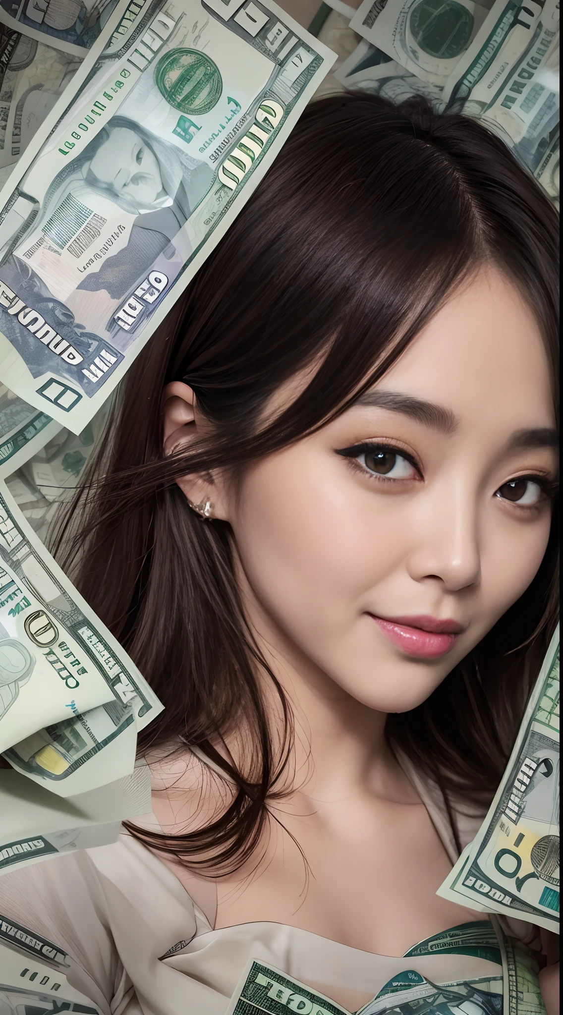 gothic grinning cheekily Fan BingBing holding a stack of dollar bill cash burning into ashes, transfer between two smartphones, rain of money background, close up, photorealistic, hyperrealism, professional photography, DSLR, HDR