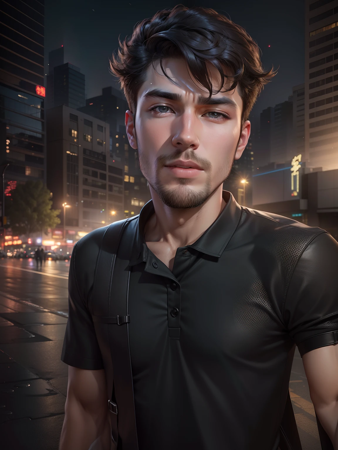 Image of a handsome Caucasian man in front of a defocused nightclub, staring in the camera, Black hair, Follow the rule of thirds, is located on the right side of the image, Wide angle lens, 5 meters from the camera, landscape, Man, Young, Handsome face, Detailed face, Fair skin, detailed hairs, view the viewer, (Masterpiece), (Best quality), (超高分辨率), (8K resolution), (Ultra detailed) , (Ray tracing),