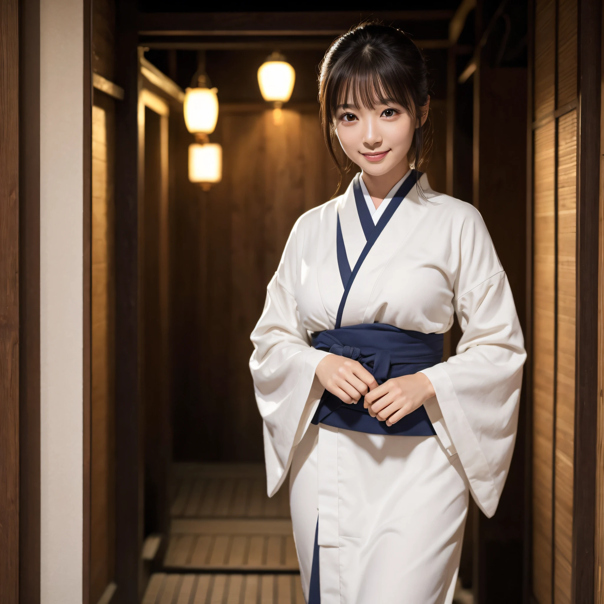 Beautiful woman in neat Japanese clothes、((best qualtiy、8k masterpieces:1.3))、foco nítido:1.2、(ultra beautiful faces:1.0)、(shinny skin:1.0)、photos realistic、A dark-haired、Video Lighting、High-definition eyes and face、Video Lighting、Japan Idol Actress、from the front side、medium breasts、Smile、Slender Abs Beauty、Whole body、In Gion, kyoto