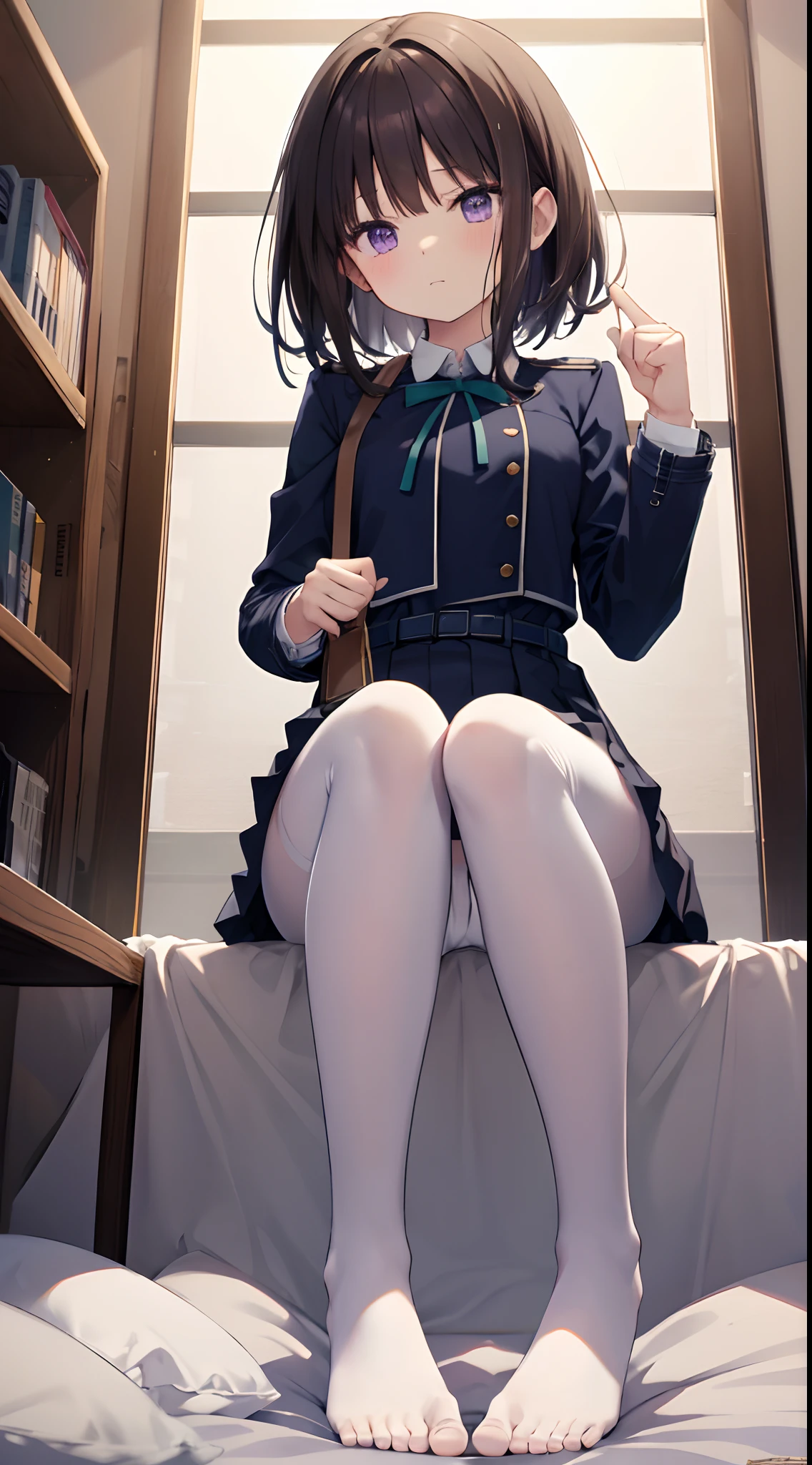 Takiinoue, Inoue Takina, Long hair, Bangs, Black hair, (Purple eyes:1.2), BREAK shirt, Long sleeves, Dress, bow ribbon, School uniform, White shirt, Collared shirt, Belt bag, Neck ribbon, Blue Dress, Green Ribbon, pleated dress, grey dress, Two-tone dresses, Blue belt, Lycoris Uniform, masterpiece、top-quality、best、超A high resolution、Full body portrait、intricate-detail、An ultra-fine illustrations、perfect anatomia、Correct anatomy、perfectly proportions、face perfect、Hands are2Boken、perfect hand、The feet are in2Boken、perfect foot、5 fingers、perfect fingers、With four thin fingers1Small thumbs in books、Small toes、Precise size and balance of upper and lower body、18year old、High school girl with mature body shape、A high school girl with long、女の子1人、Full body from head to leg、full bodyesbian、small tits、Small toes、Small toes、skinny legs、laying on back、M-shaped legs、opening legs、Opening legs、Inter-strands、Facing the front、Composition from below、Composition from the front、Panchira、Inner thigh-sitting、Sitting on the floor with bent knees and legs open、Front-facing、Lower body facing forward、Slender feet、Slender thighs、Slim toes、Lying on a white bed facing the front、Slender feet、legs slightly open、Sleeping in a big letter、legs are spread、Hands are slightly raised up、brown haired、Medium hair、Medium haircut、Panting face about to cry、red blush、embarrassed look、A slightly sad look、Black_Wearing white panties inside stockings、Wearing white panties inside black transparent stockings、Wearing white panties inside black stockings、Wearing white panties inside black pantyhose、Wearing white panties inside black lace pantyhose、Wearing white panties inside black lens stockings、Wearing white panties in black light pantyhose、Wearing white panties in black transparent pantyhose、No shoes、No shoes on、Pure white under black stockings_panties on、Panties are visible through a navy blue pleated skirt、Pure white bra、Underwear、Beige blazer uniform is half open、White blouse uniform is open、Japanese high sch