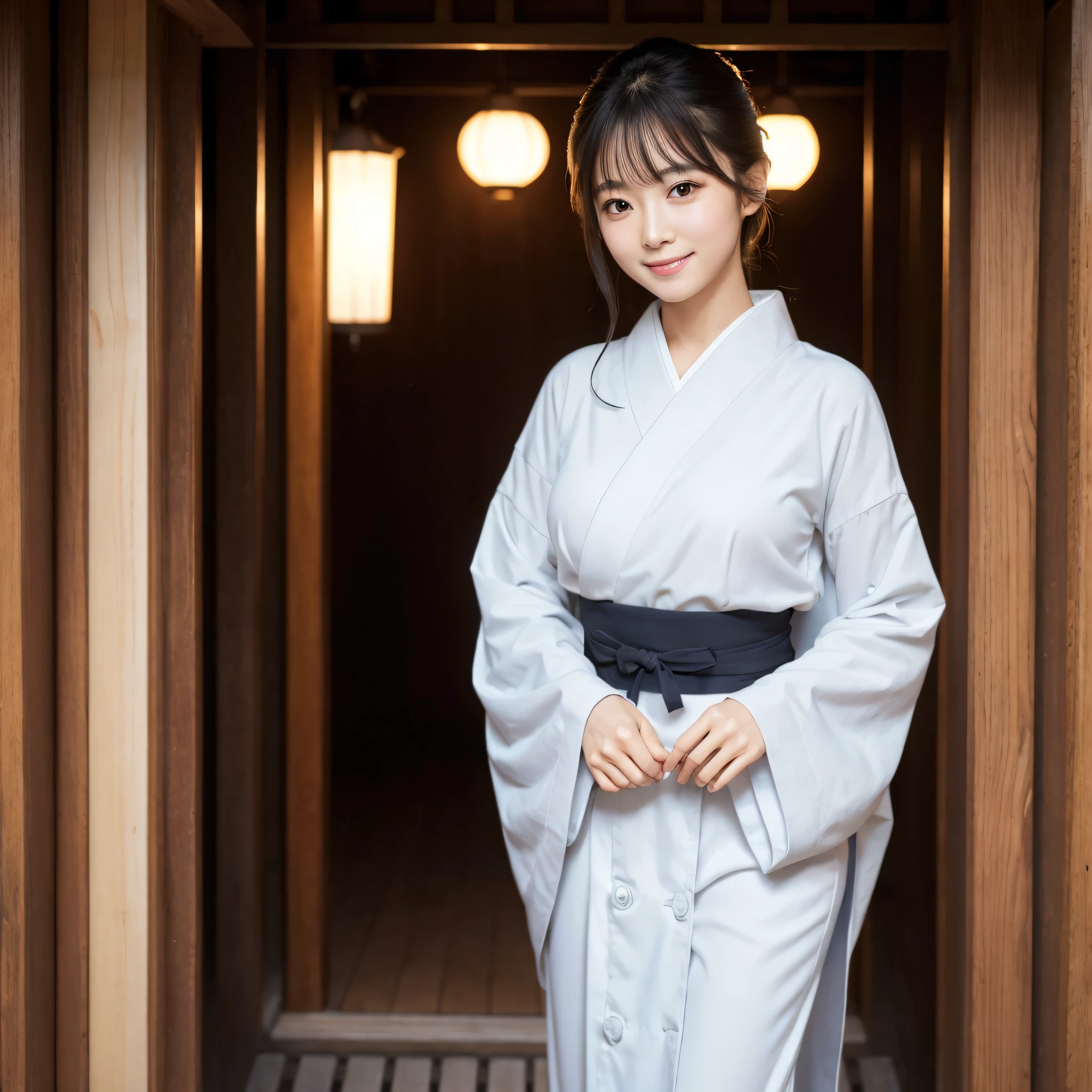 Beautiful woman in neat Japanese clothes、((best qualtiy、8k masterpieces:1.3))、foco nítido:1.2、(ultra beautiful faces:1.0)、(shinny skin:1.0)、photos realistic、A dark-haired、Video Lighting、High-definition eyes and face、Video Lighting、Japan Idol Actress、from the front side、medium breasts、Smile、Slender Abs Beauty、Whole body、In Gion, kyoto