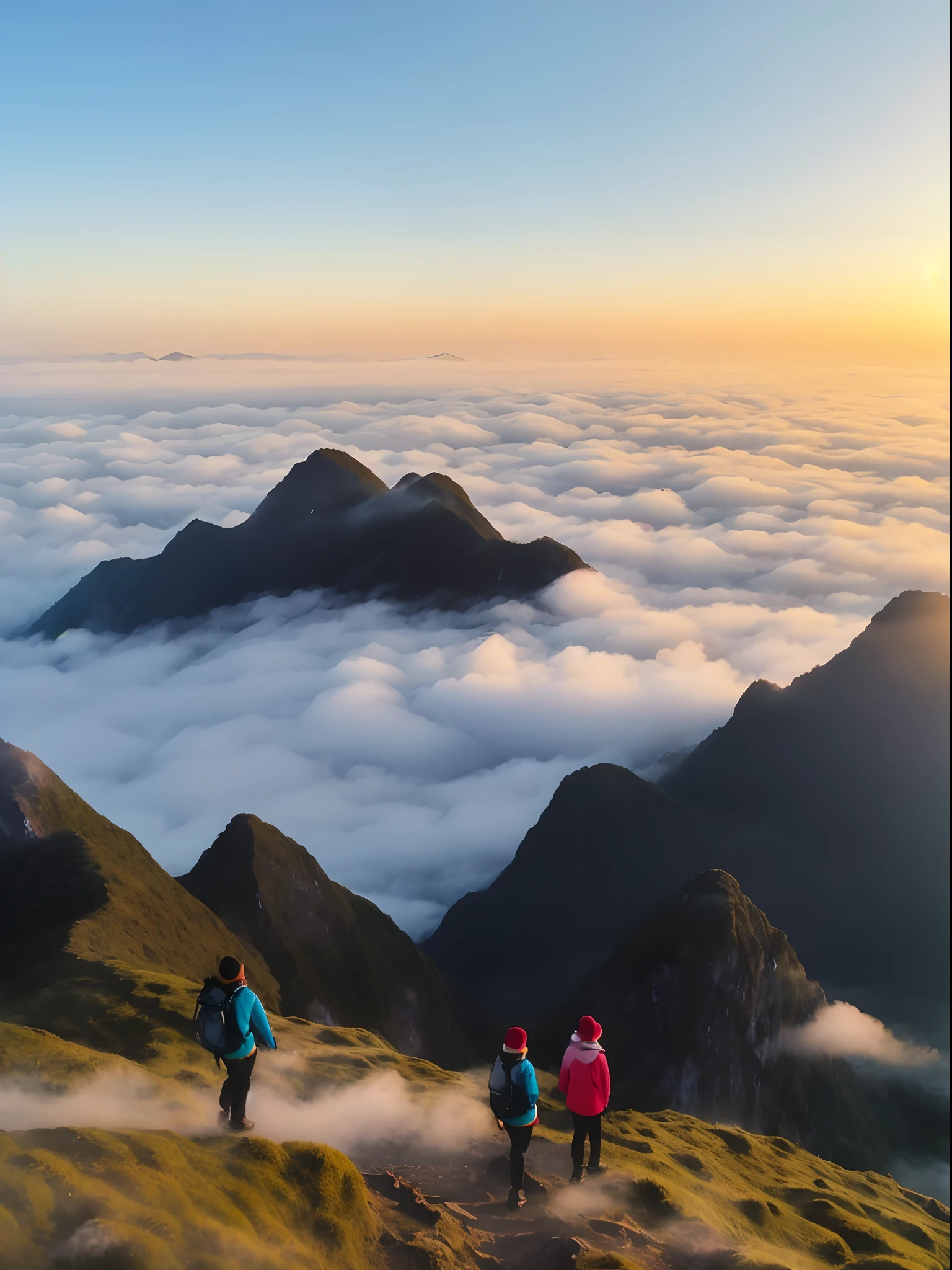 People are climbing mountains，Admire the clouds, walking above the clouds and fog, rise above clouds, Standing in the clouds, Above the clouds, indonesia national geographic, Mountain, At sunrise, heaven in the top, Breathtaking landscapes, view above the clouds, rising from mountain range, upon the clouds, breathtaking shot, during sunrise, Indonesia