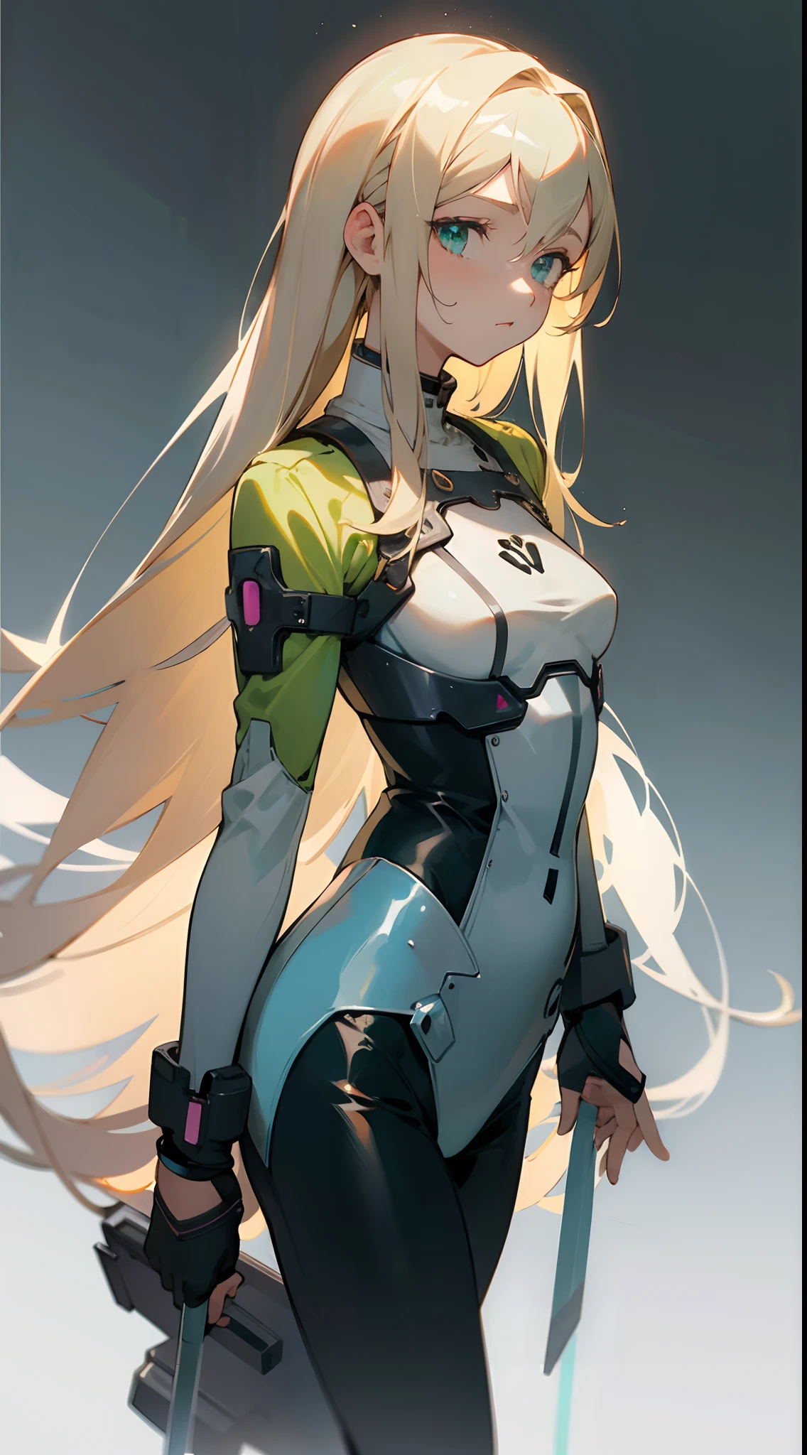 (masterpiece, best quality )detailed, 1Character , pastel washed out colors , cell shade , soft, muted shades ,gentle colors , blue archive art style,
Wearing a mix of sword art online and futuristic style clothes , Beautiful woman , extremely long hair , blonde hair , green eyes , 32,