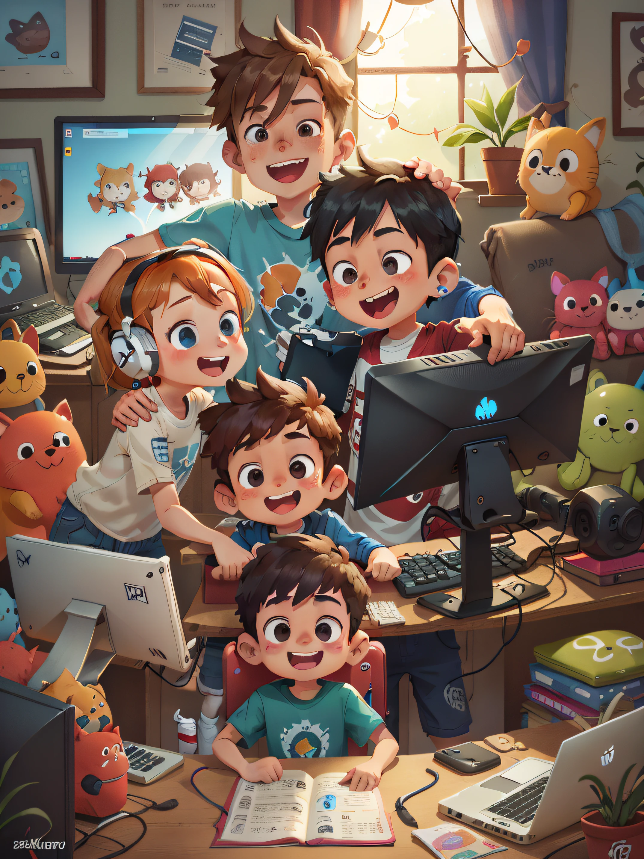 Change to a horizontal version,Used on web banners,The boy and his gamer family smile, rgb keyboard, Gamer PC, Earphone, Play staging programming, PKXD live,The screen has the font Westward Journey Programming Park