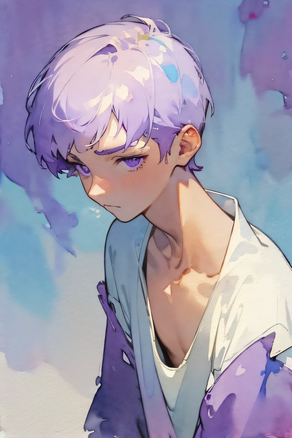 (watercolor:1.5), best quality, masterpiece, simple background, high contrast, high resolution, solid color, 1guy, solo, close up, front, look away, white shirt, sexy nape, clavicle, straight face, close mouth, pale purple short hair, purple eyes, purple highlight,