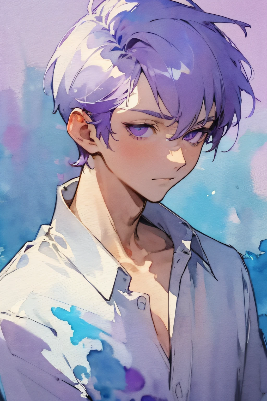 (watercolor:1.5), best quality, masterpiece, simple background, high contrast, high resolution, solid color, 1guy, solo, close up, front, look away, white shirt, sexy nape, clavicle, straight face, close mouth, pale purple short hair, purple eyes, purple highlight,