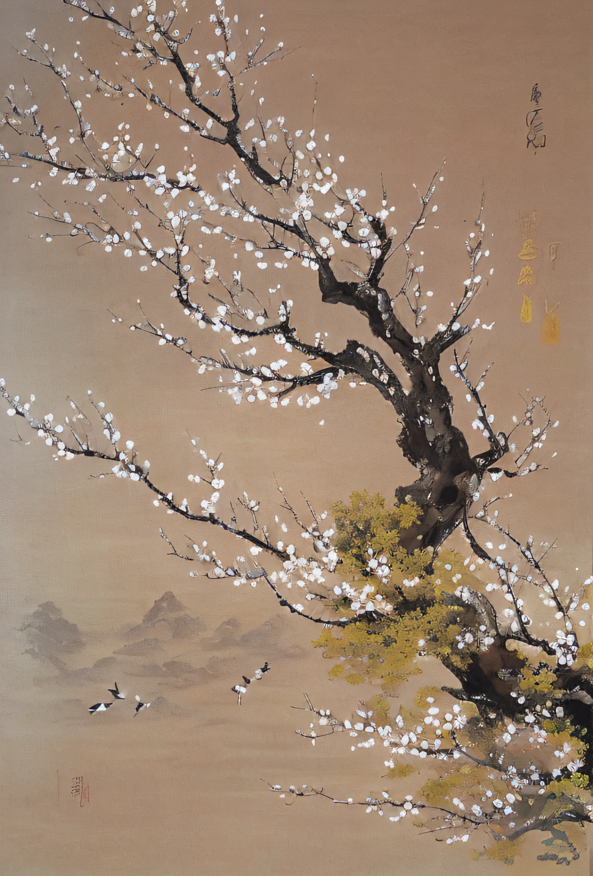 Draw a tree,It has white flowers and a bird, clubs, author:Wu Li, Inspired by Ma Yuan, author:Gaige, inspired by Sōami, author:Gu An, cherry blossoms in the wind, author:Wu Wei, author:Shen Saidang, Japanese style painting, author:Liang Kai, japanese painting, author:Shao Mi