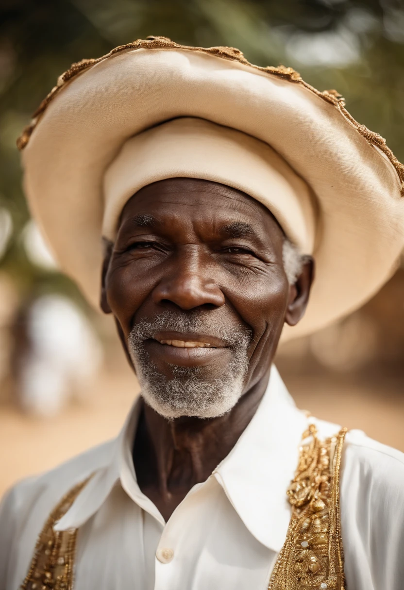 Wise old black man dressed in white, bel homme,dans un village africain ,Wearing a long garment made of gold , avec un grand chapeau African blanc avec des feuille ,portant des longues tresses africaine ,Avec un visage souriant , visage de face, Regardant devant lui