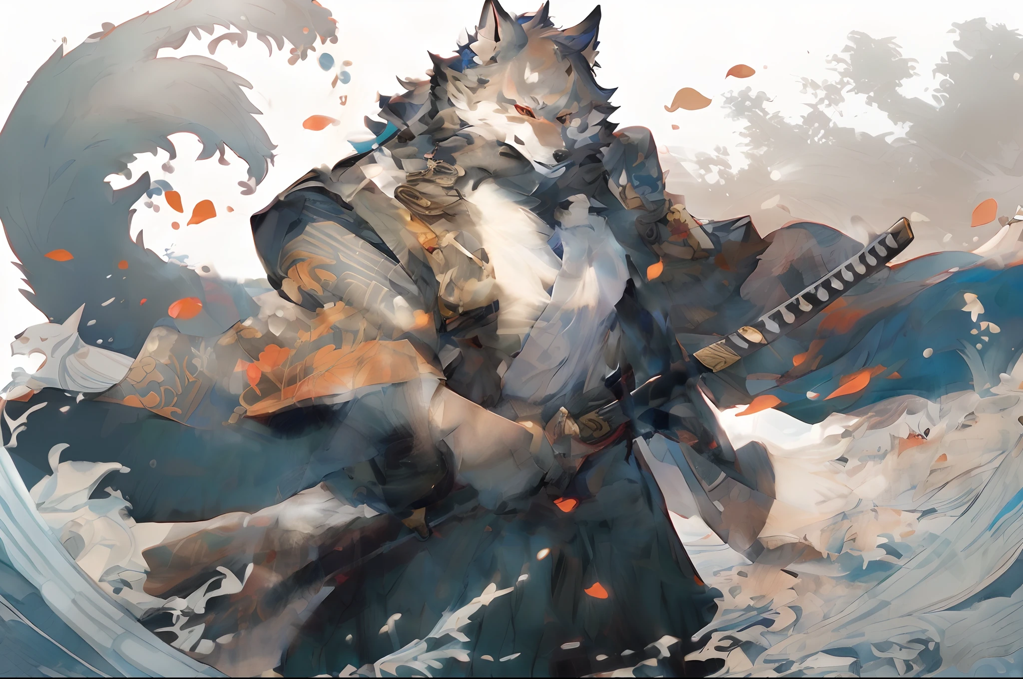 Anime characters holding swords in traditional Japanese clothing, Onmyoji detailed art, fox nobushi, detailed anime character art, onmyoji, very very beautiful furry art, komono, kitsune inspired armor, kitsune holding torch, furry fantasy art, inspired by Nōami, Kitsune, inspired by Kanō Hōgai