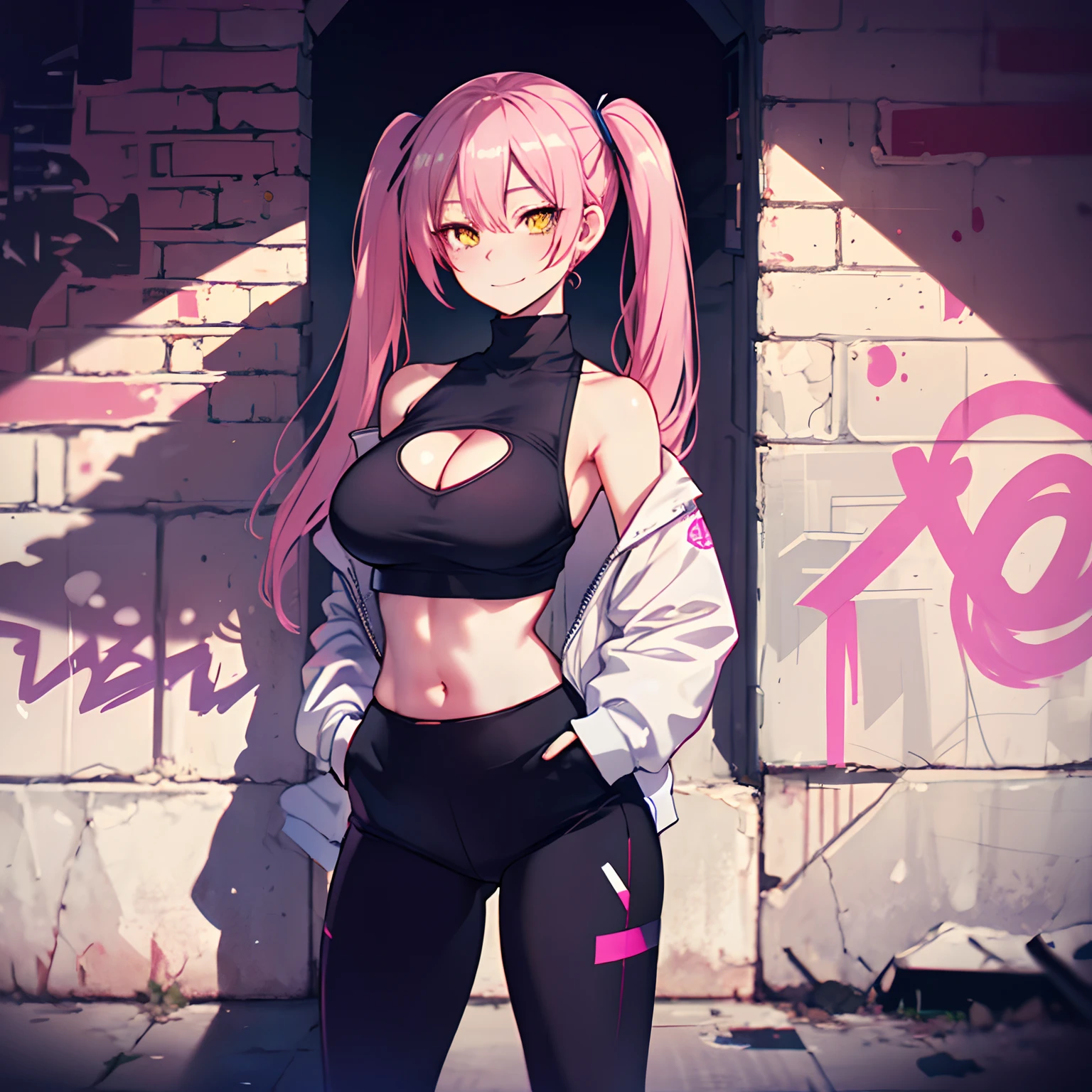 (masterpiece, best quality, 1girl, solo, intricate details, chromatic aberration), realistic, yellow eyes, hair twintails, long hair, pinky hair, medium breast, medium ass, smile, happy, bobby pins, choker, ultra detailed, 8k wallpaper, reflection light, raytracing, realistic BREAK, choker, cleavage, cleavage cutout, turtleneck crop top, torn legwear, hands in pockets, yoga pants, against wall, brick wall, graffiti, dim lighting, alley