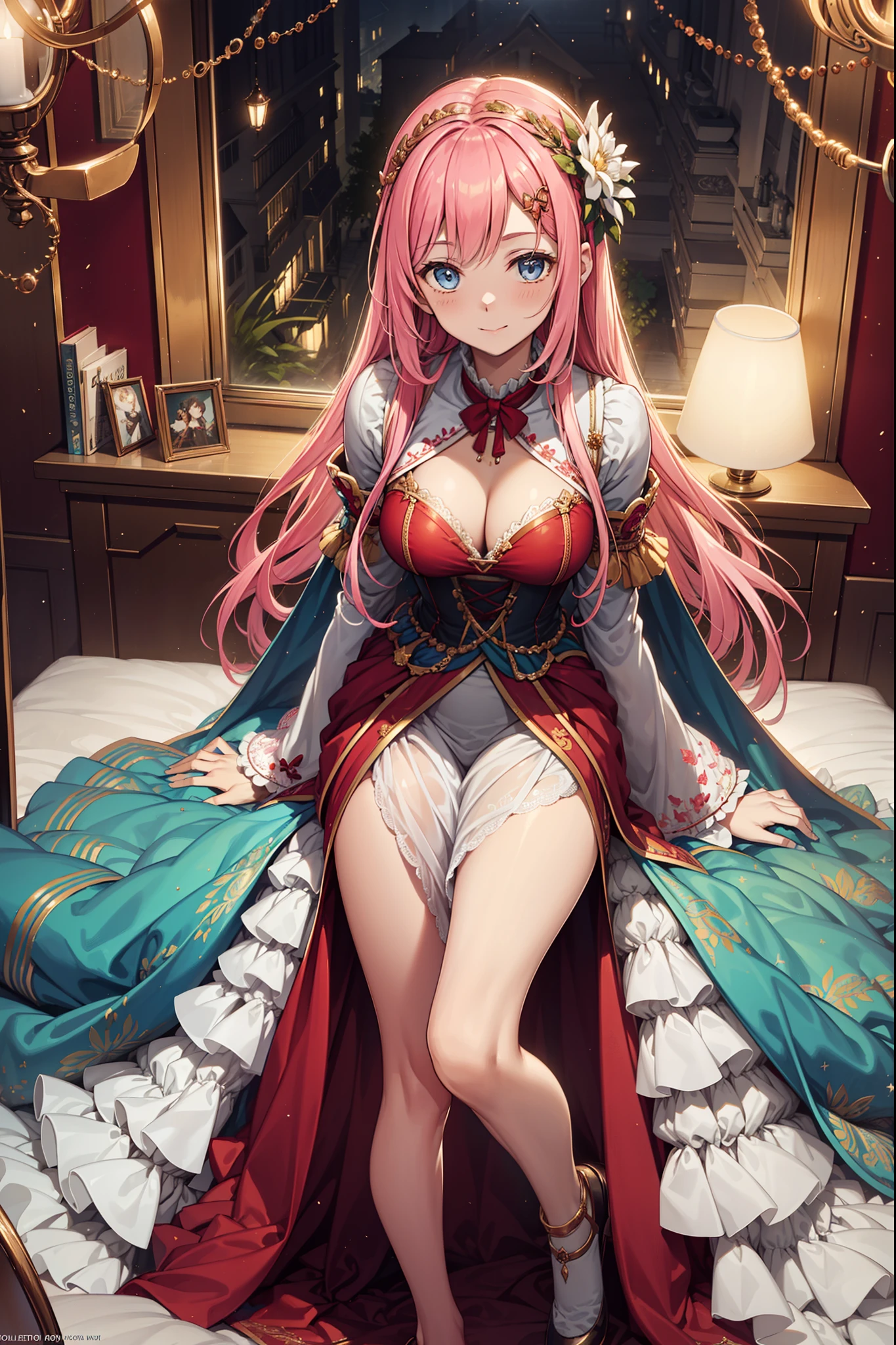 s girl,Enchanted,Divine happiness,Being in love,(Light Victorian dress),Pink hair,eBlue eyes,Maximalism,Multiple layers of delicate ruffles,Lots of lace,Multi-colored cloth,Delicate embroidery,Delicate pattern,Fabric headdress,exquisite costumes,see-through transparent clothes,Gorgeous interior scene with bed,the night,glittery,(Dazzle:1.1),Movie lighting,the night,solo person,Fluttering skirt,