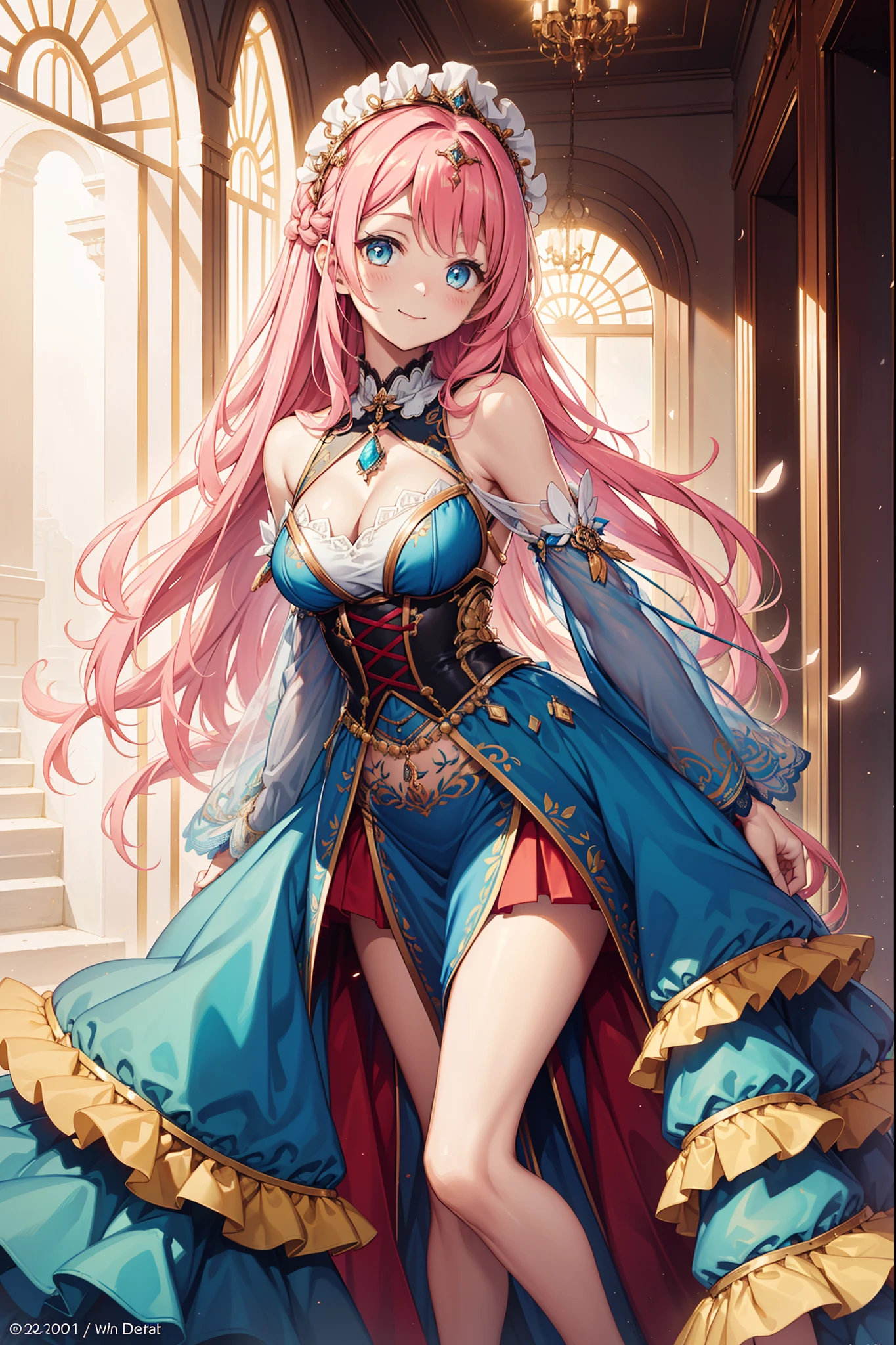 (masterpiece, Extremely detailed, exquisite, beautiful, Full HD, High resolution, disorganized), soft edge, soft lines, woman, charming princess, goblin, Happy, fun, smile, looking at the viewer, wavy hair, medium hair, Big eyes, white skin, beautiful breasts, slim, crown, earrings, choker, with wings, white background, in the afternoon, From before, dynamic angle, shining light, dramatic lighting, warm lighting, soft lighting, Depth of the bounds written, fantasy, beautiful, dreamy atmosphere, (red ball gown dress:1.1, gold decoration,black lace and ruffles,Ruby motif dress), pink hair, purple eyes