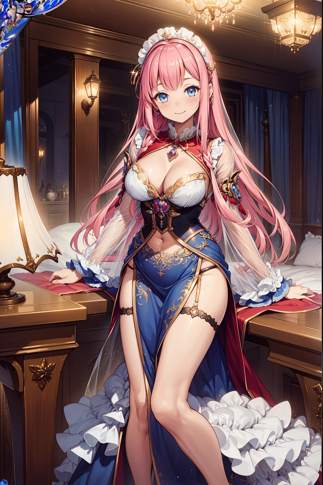 (Best quality, A high resolution, Textured skin, High quality, High details,Extremely detailed CG unity),s girl,(Enchanted),Divine happiness,Being in love,(Light Victorian dress),Pink hair,eBlue eyes,(Fabric headdress),Maximalism,Many delicate ruffles,Many delicate laces,(Multi-colored cloth),Delicate embroidery,Delicate pattern,Fabric headdress,exquisite costumes,((see-through transparent clothes)),Bedrooms,the night,glittery,(Dazzle:1.3),Movie lighting,the night,solo person,Fluttering skirt,Maid characteristics,(Seductive pose:1.1),Flushed face