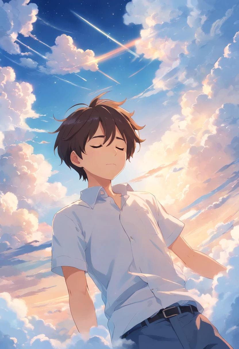 Sleeping on the clouds, Boy in white shirt, Eyes closed