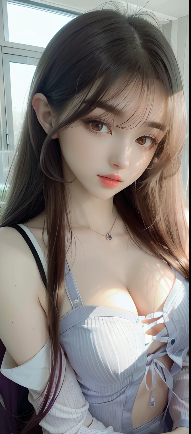 (masterpiece:1.2, photo-realistic, 8k, 12k, Ultra-Detailed),  a close up of a young girl with long purple hair and a flower in her hair, 22-years-old, karimova elina with long hair, anime girl in real life, (big breasts, hard nipple, perfect and proportional breasts), violet long hair, beautiful anime style, ulzzang, white hime cut hairstyle, anime style mixed with fujifilm, belle delphine, purple flowing hair, her face looks like an orchid, pretty anime girl