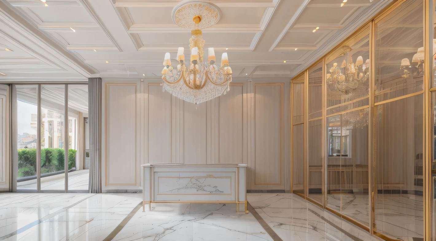 RAW photo, subject, 4k uhd, dslr, soft lighting, high quality, film grain, Fujifilm XT3,(Masterpiece, Best Quality: 1.2), (Highres: 1.1), super detail
interior, neoclassic, desk reception office, (chandeliers:1.2), led light, marble tile floor, wallpaper, (grey aluminium curtain wall mullion:1.1), interior plant