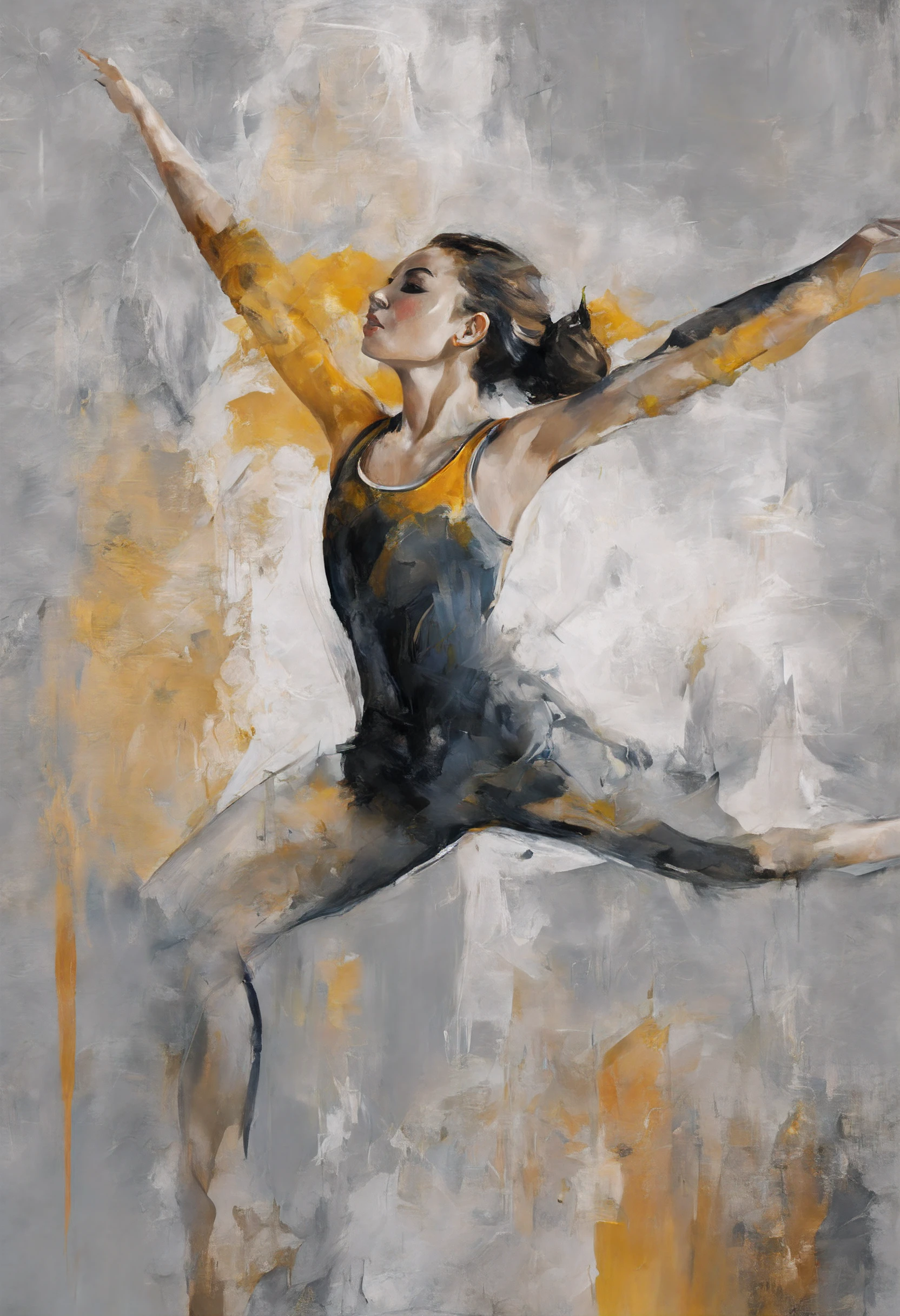Abstract artistic background. Vintage illustration, (beautiful Romanian girl wearing a gymnastics collant 1.5 +++), figures, golden brushstrokes. Textured background. Oil on canvas. modern Art. grey, wallpaper, poster, card, mural, print, wall art --ar 1:3