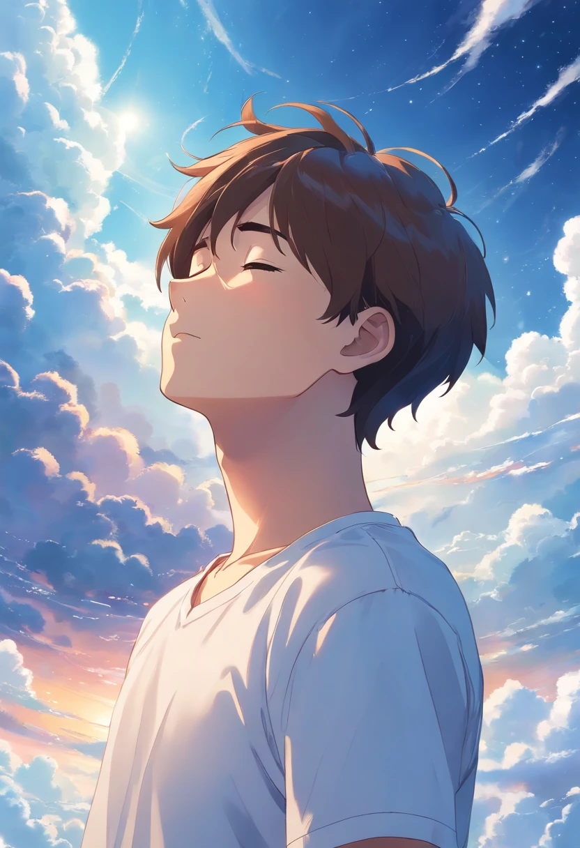 Sleeping on the clouds, A 17-year-old boy in a white shirt, Eyes closed