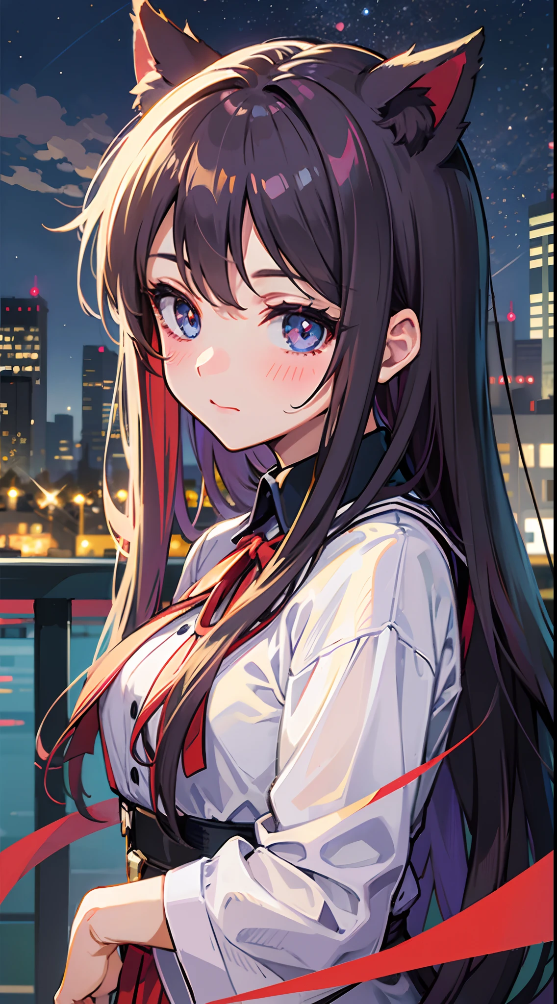 ((best qualtiy,8K))Anime girl with long hair and cat ears standing in front of the city,Rin Tosaka,anime moe art style,style of anime,Such as Fate/stay night,long hair anime girl,Very cute anime girl face,Night core,From the front line of girls,cute anime girl portraits,Anime girl with cat ears,High Quality Anime Art Style, "Beautiful anime woman",A small red ribbon on the head,With a shy blush on his face,Shy-eyed