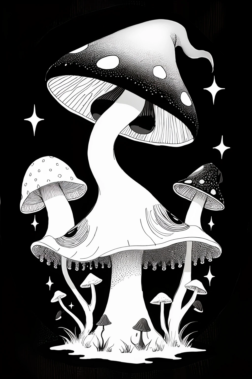 Mushroom witch black and white decorative painting