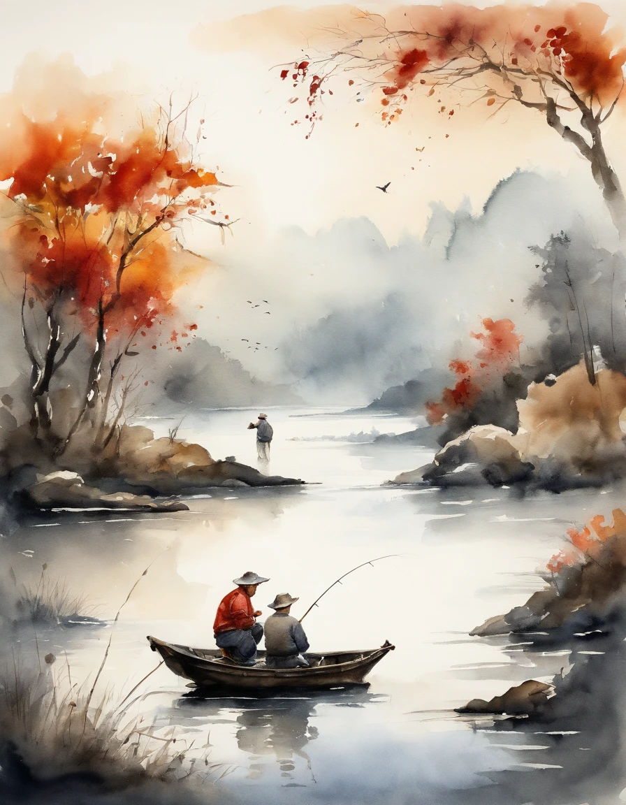 A father and son fishing, chinese ink brush