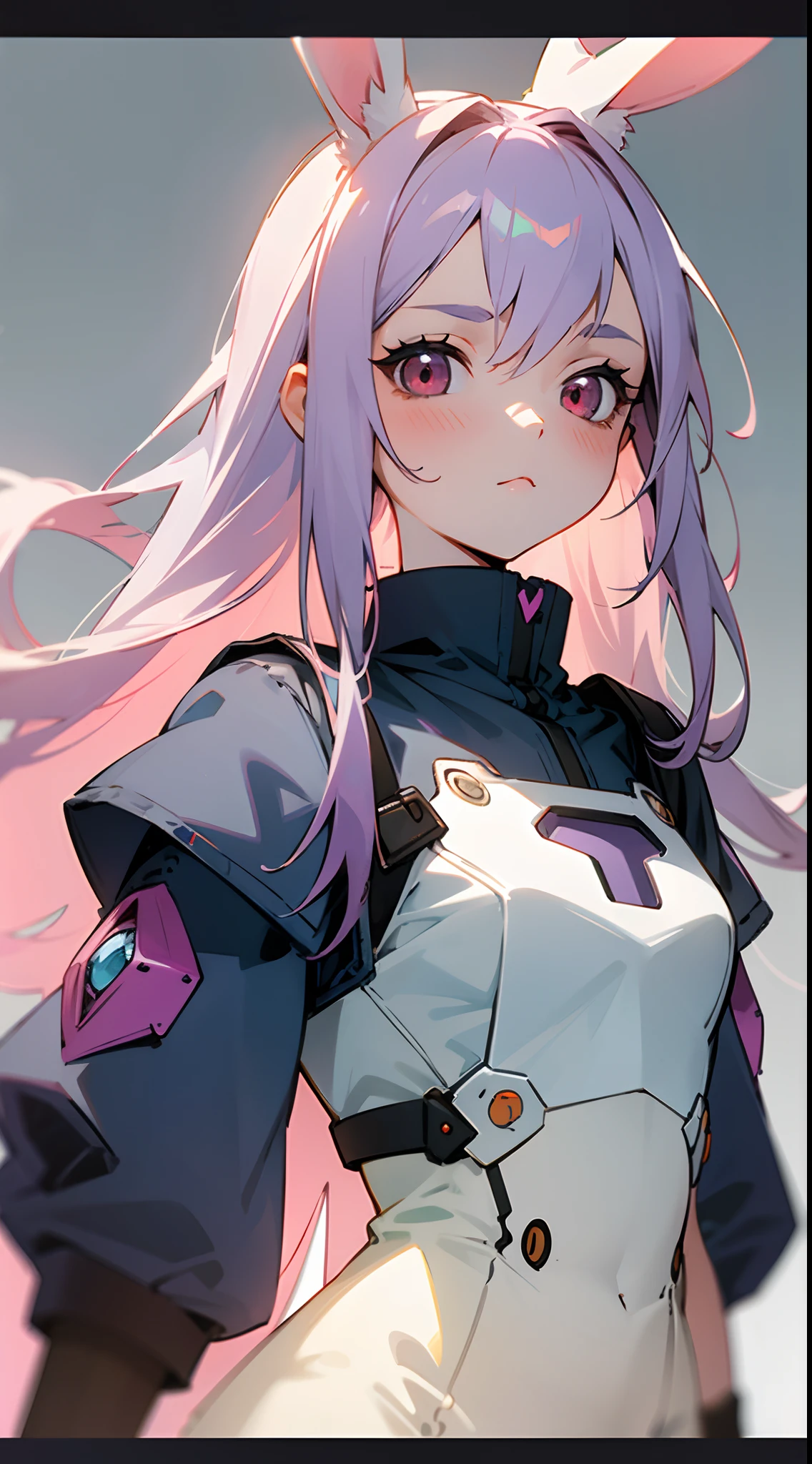 (masterpiece, best quality )detailed, 1Character , pastel washed out colors , cell shade , soft, muted shades ,gentle colors , blue archive art style,
Wearing a mix of sword art online and futuristic style clothes , Kawaii , pretty girl , ((has white bunny ears:1)), very pale skin, pink blush , extremely long hair , purple hair , short , long eyelashes, red eyes , age 22