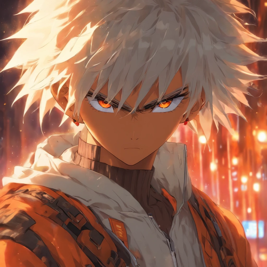 White color hair，short detailed hair，boy，Dark  skin，Orange-eyed kernel，There is a scar on the bridge of the nose，Mechanical craftsman，Windproof eyegoggles are worn on the head