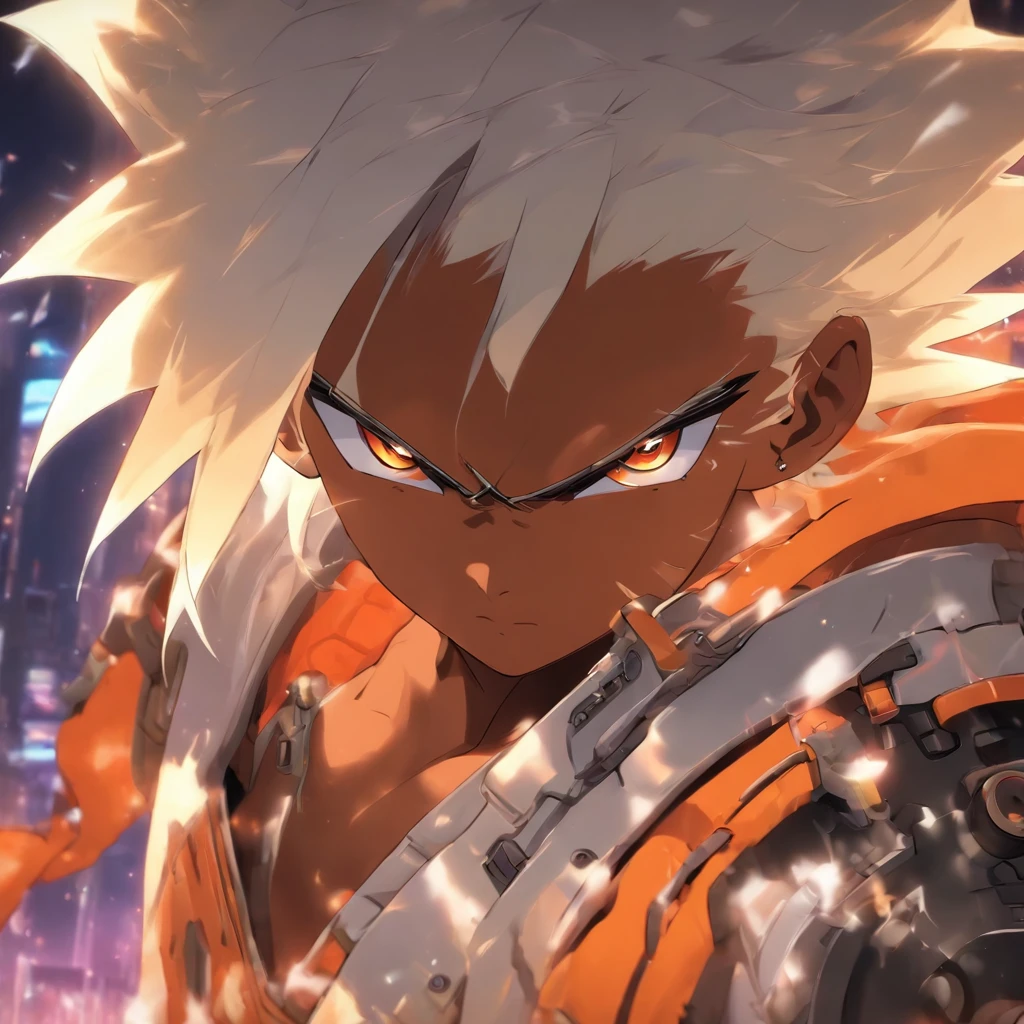 White color hair,short detailed hair,boy,Dark skin,Orange-eyed kernel,There is a scar on the bridge of the nose,Mechanical craftsman,Windproof eyegoggles are worn on the head
