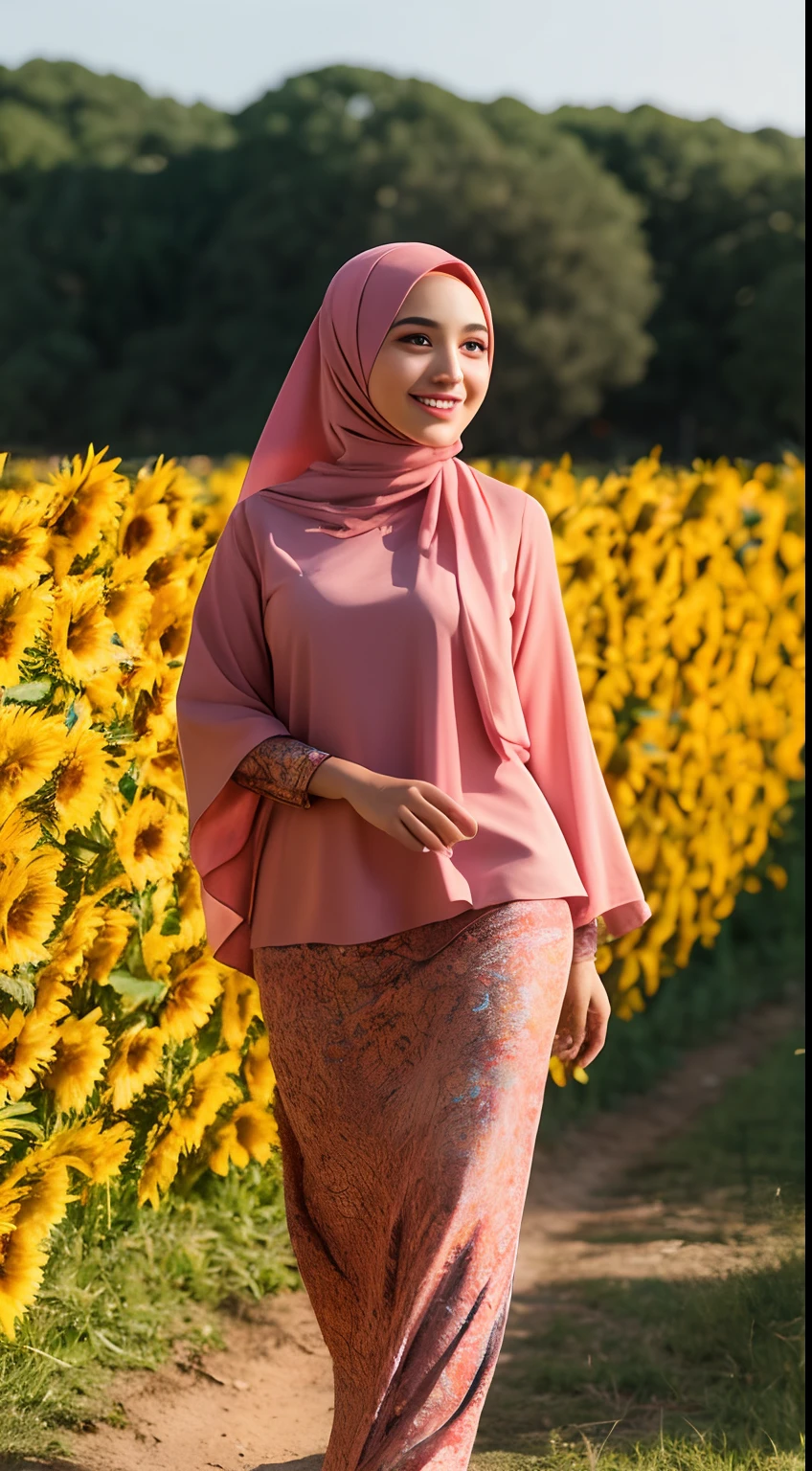 Malay girl in long hijab wear baju kurung, pastel color, walking in sunflower field, windy, blown her hijab, front view, detail skin, detail skin texture, mole below eyes, small breast, wide hips, small waist, thick thigh, slim abs, beautiful body, sunrise, laughing, happy, bright lighting, blur background, bokeh, 4k, ultra detail, high quality photo,