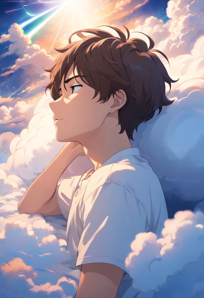 Sleeping on the clouds, A 19-year-old boy in a white shirt, Eyes closed