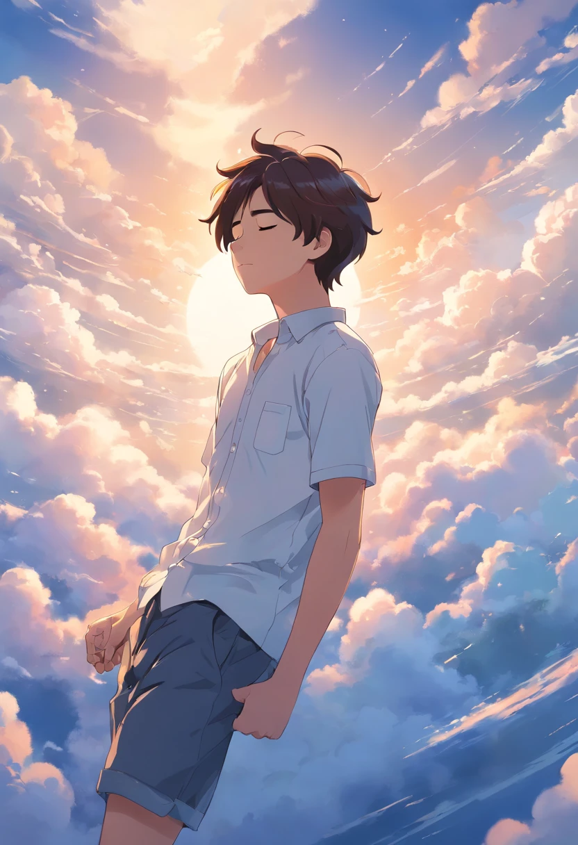 Sleeping on the clouds, A 19-year-old boy in a white shirt, Eyes closed