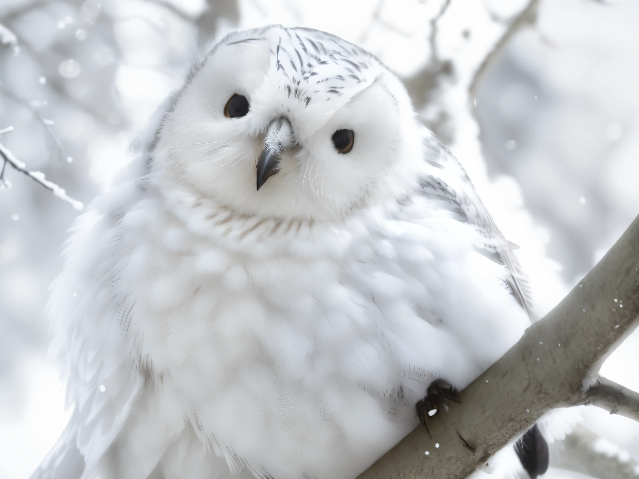 A white bird sits on a tree branch, frosty white eyes, fluffy face, smug look, Close-up of snowy owl face, the cutest creature in the world, birb, Hybrid of kitten and bird, Still from Nature Documentary, Still from Nature Documentary, the cutest creature of the world, closeup of an adorable, sparkling bird eyes