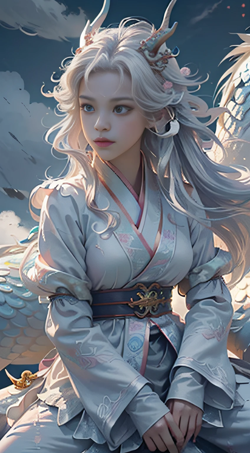 （tmasterpiece，hiquality，beste-Qualit，official arts，Beauty and Aesthetics：1.2），epic cinematic，Ultra Detailed，hyper realisitc， (1girl:1.5),(full bodyesbian:1.2),(A girl sits on a dragon:1.5),(1 dragon：1.5），White Hanfu，（White Dragon：1.1），Dynamic poses，Looking at Viewert，（in a cloud：1.4），（Thick clouds：1.1），White clouds around，auspicious clouds，Mesmerizing coloring page，Theatrical lighting，bezel light，（Depth of field：1.2）
