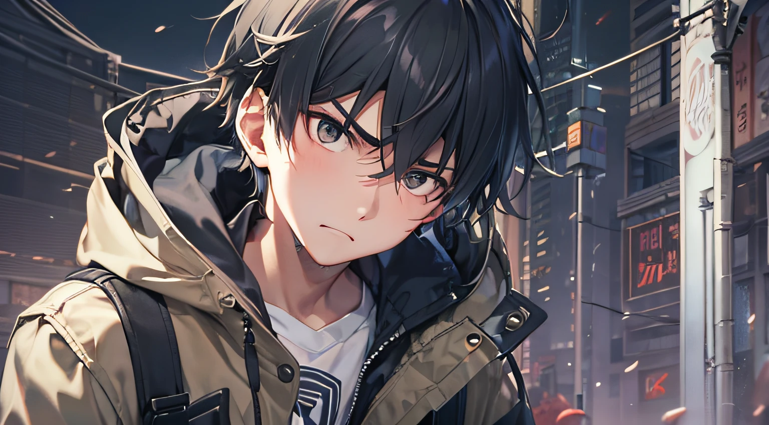 20 year old man with black short hair、Angry、Face Up、Alone、parka