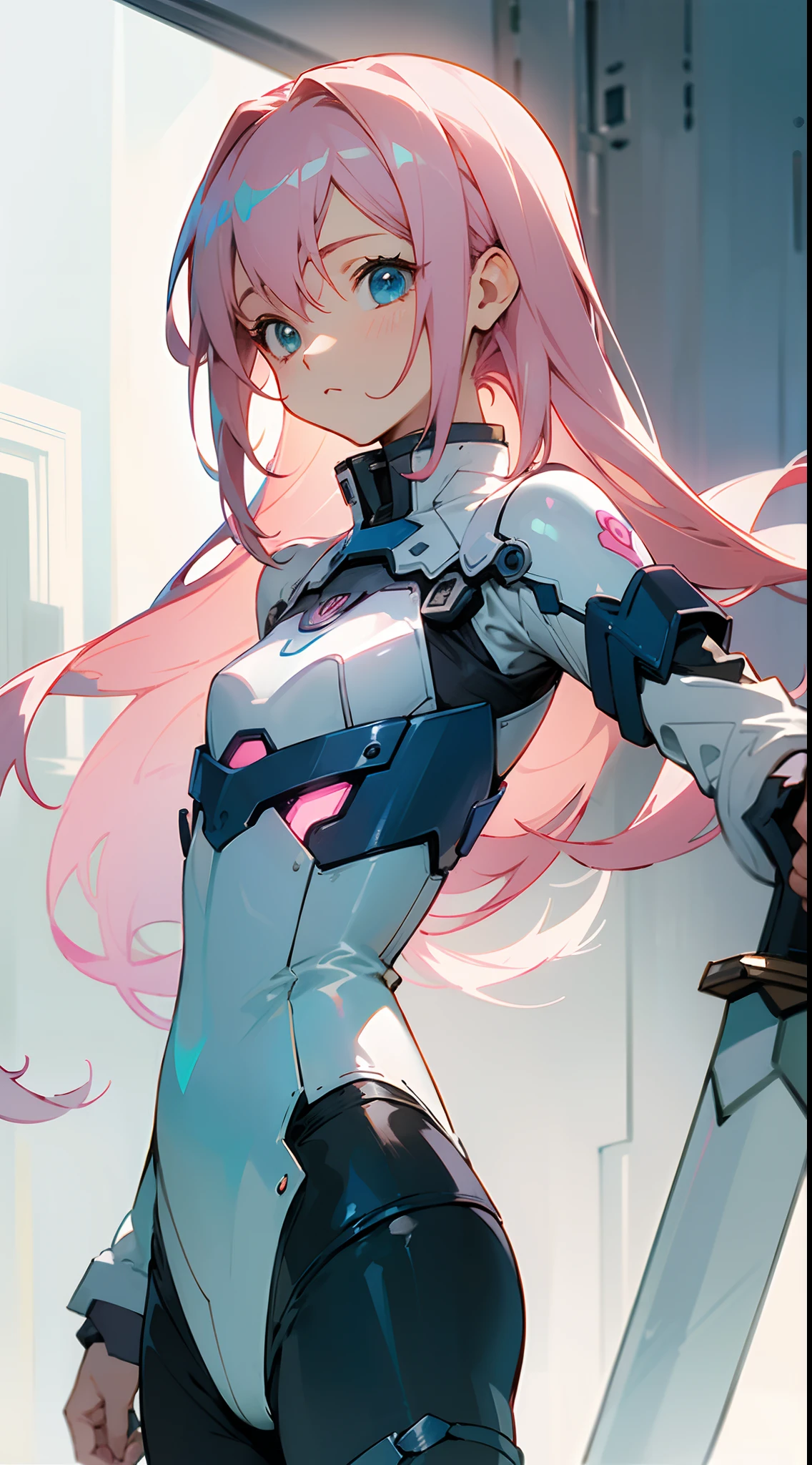 (masterpiece, best quality )detailed, 1Character , pastel washed out colors , cell shade , soft, muted shades ,gentle colors , blue archive art style,
Wearing a mix of sword art online and futuristic style clothes , Cute girl , pink hair , long hair , blue eyes , small chest , age 21,